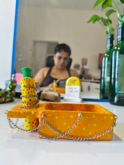 Yellow-Orange Ashtray with Lighter Case