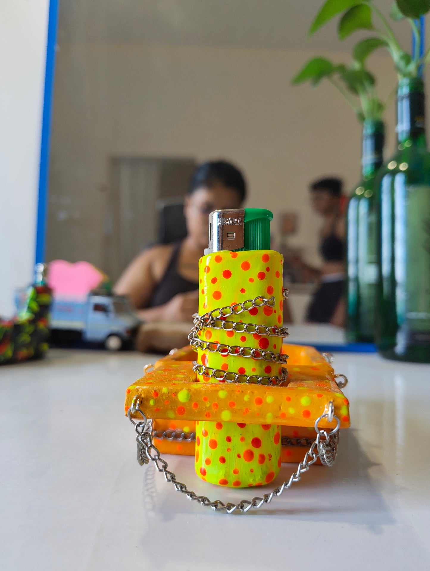Yellow-Orange Ashtray with Lighter Case