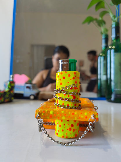 Yellow-Orange Ashtray with Lighter Case