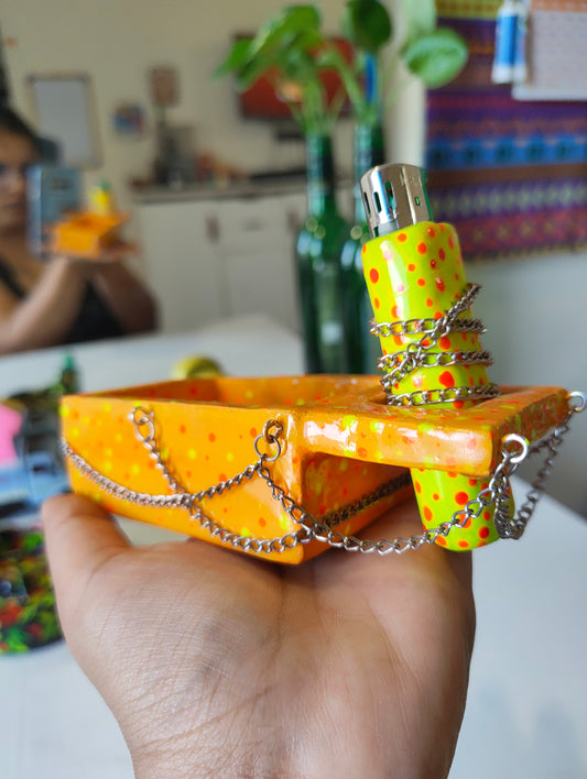 Yellow-Orange Ashtray with Lighter Case